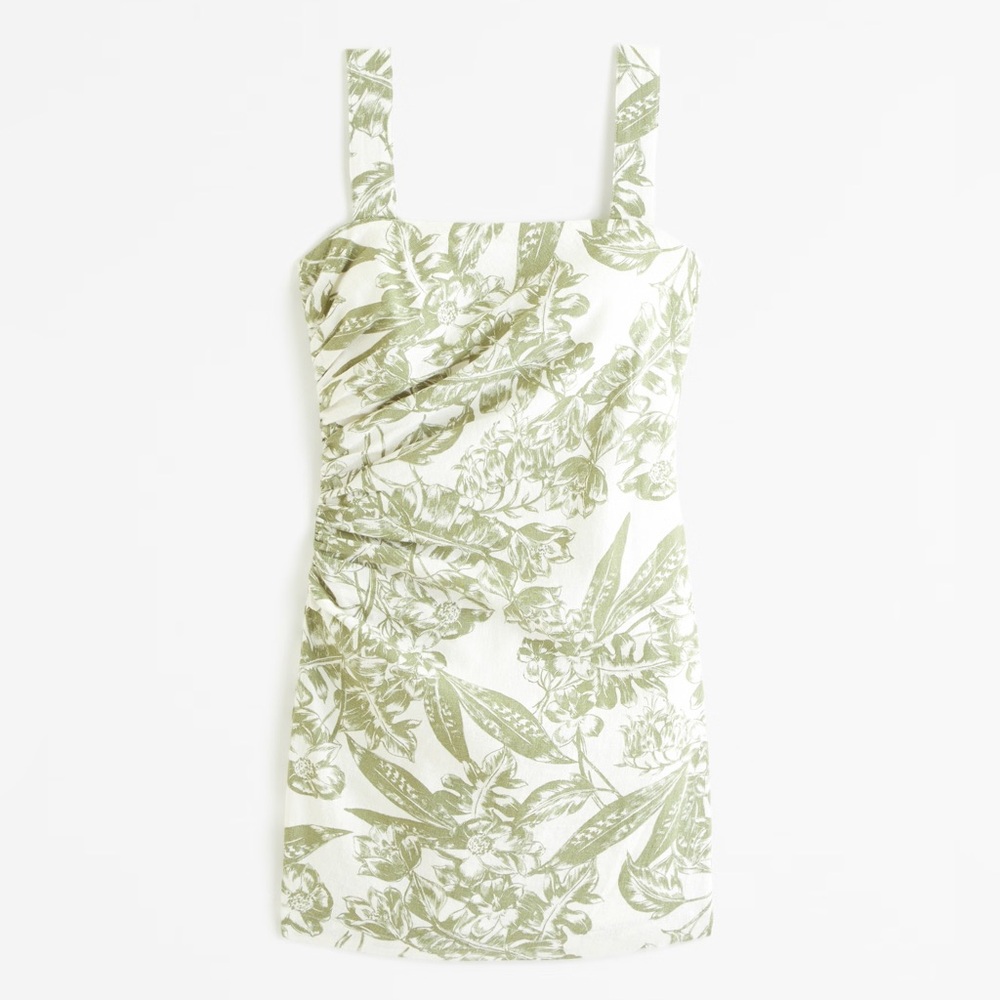 NWT Abercrombie Linen-Blend Ruched Square-Neck Mini Dress